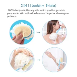 2 IN 1 Bath Body Brush with Soft Loofah and Bristles,Back Scrubber with Curved Long Handled Shower Brush for Wet or Dry, Women & Men Body,Face and Spa Washing