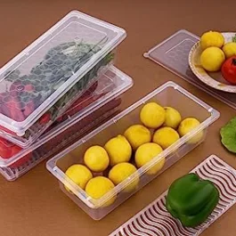 Vegetable Storage Box with Removable Drain Plate & Lid Stackable, Food Storage Box for Storing Fish, Meat, Vegetables, Fruits, Egg 1500 ml, Transparent (Set of 3)