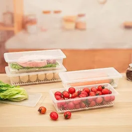 Vegetable Storage Box with Removable Drain Plate & Lid Stackable, Food Storage Box for Storing Fish, Meat, Vegetables, Fruits, Egg 1500 ml, Transparent (Set of 3)