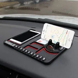 Anti-Slip Car Dashboard Mat with Phone Holder & Aromatherapy – Universal Non Slip Sticky Rubber Pad with 2 Aroma Sticks & Radium Night Glow for Smartphone, GPS Navigation- Black