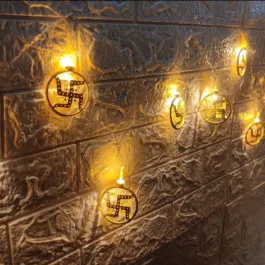 Swastik Golden Metal String LED Light 14 LED 12FT Metal Fairy Lights for Diwali, Home Decoration Wall Hanging Light (Plug-in, Warm White)