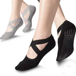 Yoga Socks for Women Anti slip Anti-Skid Pilates Dance Ballet Cotton Walking & Bikram Fitness Socks Open Toe Socks with Grips & Cross-Straps Thick Martial