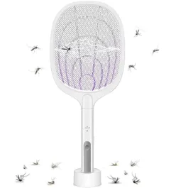 Rechargeable Electric Fly Swatter USB with Charging, LED Lights Zap in The Dark, Safe Touch Handheld Mosquito Killer Bug Zapper Racket with Stand for Indoor, Outdoor, Home (White)