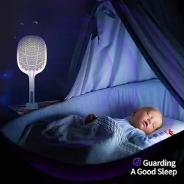 Rechargeable Electric Fly Swatter USB with Charging, LED Lights Zap in The Dark, Safe Touch Handheld Mosquito Killer Bug Zapper Racket with Stand for Indoor, Outdoor, Home (White)