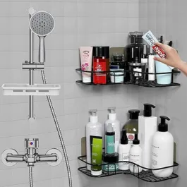 Stainless Steel Bathroom Corner Shelf | Kitchen Organizer Stand | Self-Adhesive Sticker Hooks Without Drilling.