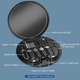 Mini Multi-Functional Fast Charging Data Cable Set for Apple, Android, Type C Charging with Retrieve Card Pin,Round Storage Box,Compact and Portable USB Data Cable Storage Box Travel Cable Set