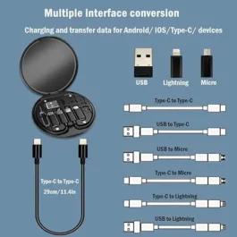 Mini Multi-Functional Fast Charging Data Cable Set for Apple, Android, Type C Charging with Retrieve Card Pin,Round Storage Box,Compact and Portable USB Data Cable Storage Box Travel Cable Set