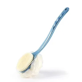 Body Brush with Bristles and Loofah,Back Scrubber Bath Mesh Sponge with Curved Long Handle for Skin Exfoliating Bath, Massage Bristles Suitable for Wet or Dry, Men and Women