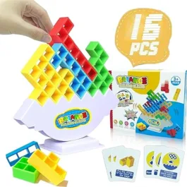 Tetra Tower Game 16 Pcs Stack Tower, Swinging Tower, Swing Stack High Child Balance Building Block 2-4 Players | Interactive STEM Toy for Family, Travel, Parties for Adults & Kids